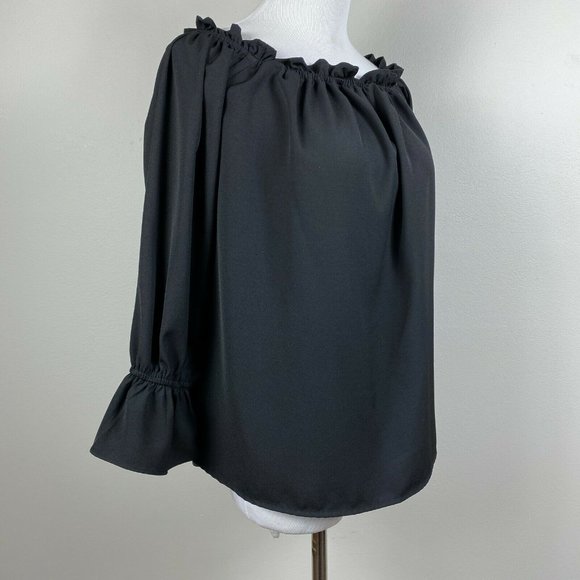 Lulus Top S Off The Shoulder Black Ruffle 3/4‎ Sleeve Solid Dressy Blouse - Picture 4 of 10